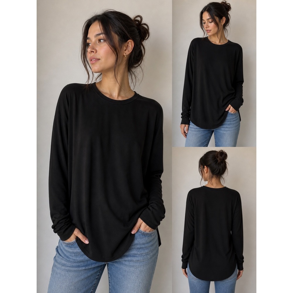 Mona B Womens Black Long Sleeve Crew Neck High Low Tunic Top Small NWT